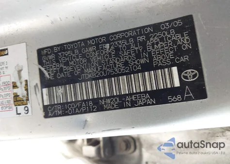 2005 Toyota Prius z USA, uszkodzony, nr VIN JTDKB20U753052104